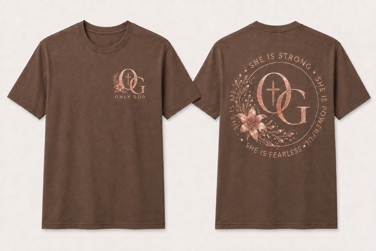 OG Women's she strong front and back shirt mockup in cocoa