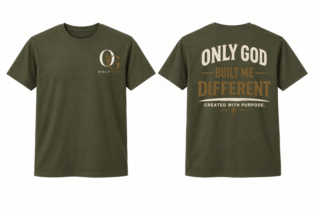 Only God Built Different men's Dark Olive full front and back T-shirt mockup
