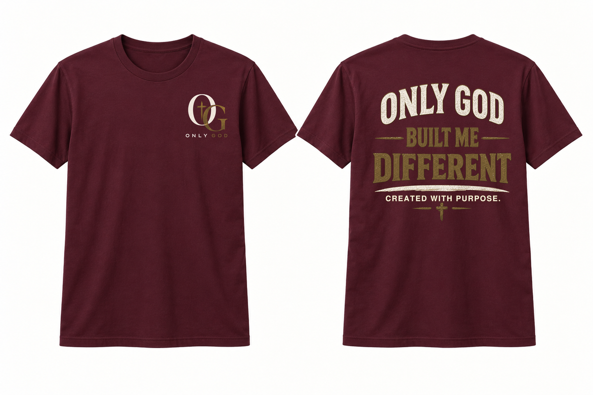 Only God Built Different men's Oxblood full front and back T-shirt mockup