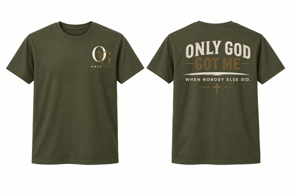 Only God Got Me men's Dark Olive full front and back T-shirt mockup