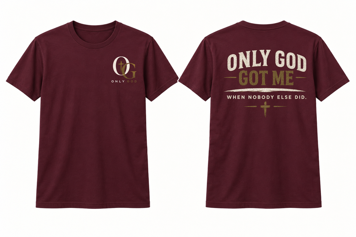 Only God Got Me men's Oxblood full front and back T-shirt mockup