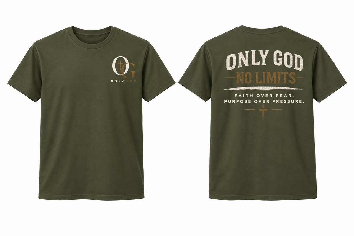 Only God No Limits men's Dark Olive full front and back T-shirt mockup