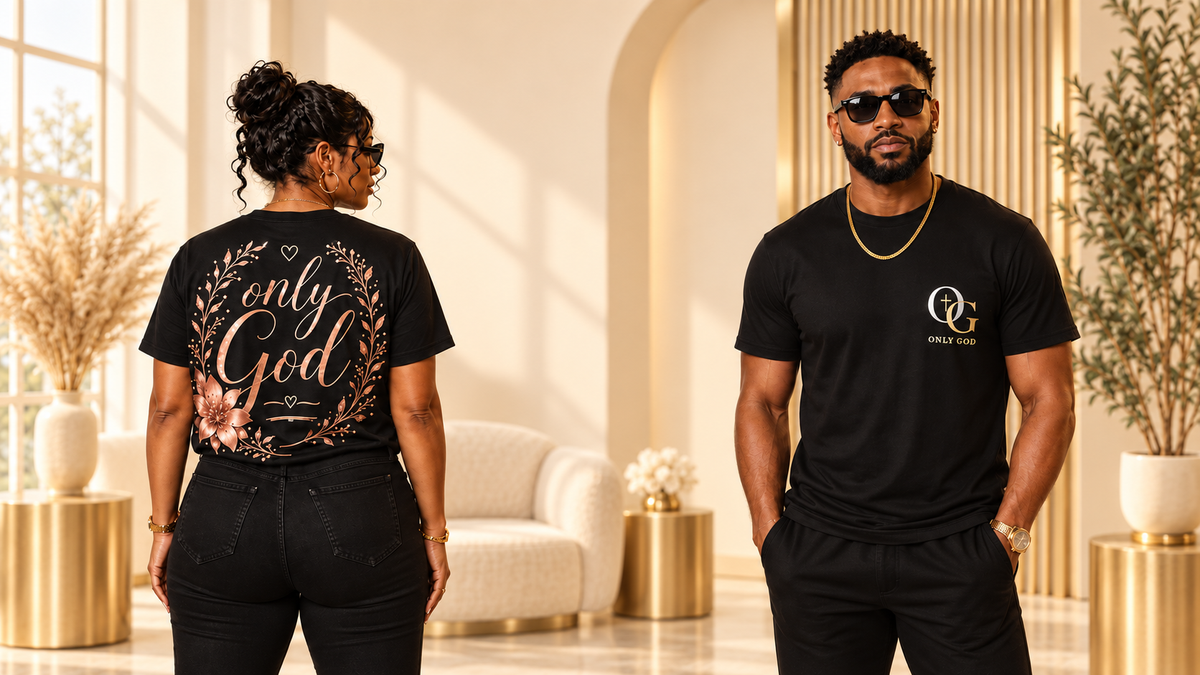 Black woman and tattoo-free Black man wearing OG Only God apparel in a bright ivory and gold setting