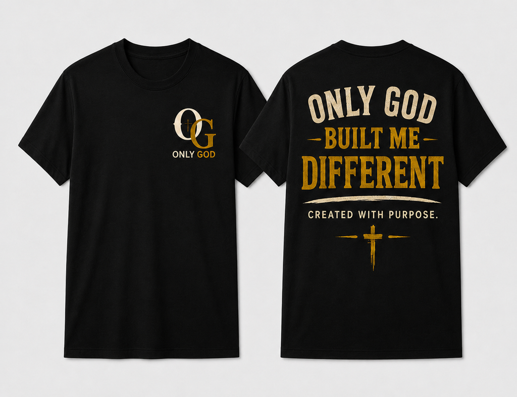Only God Built Me Different front and back black T-shirts shown in standardized Large fit