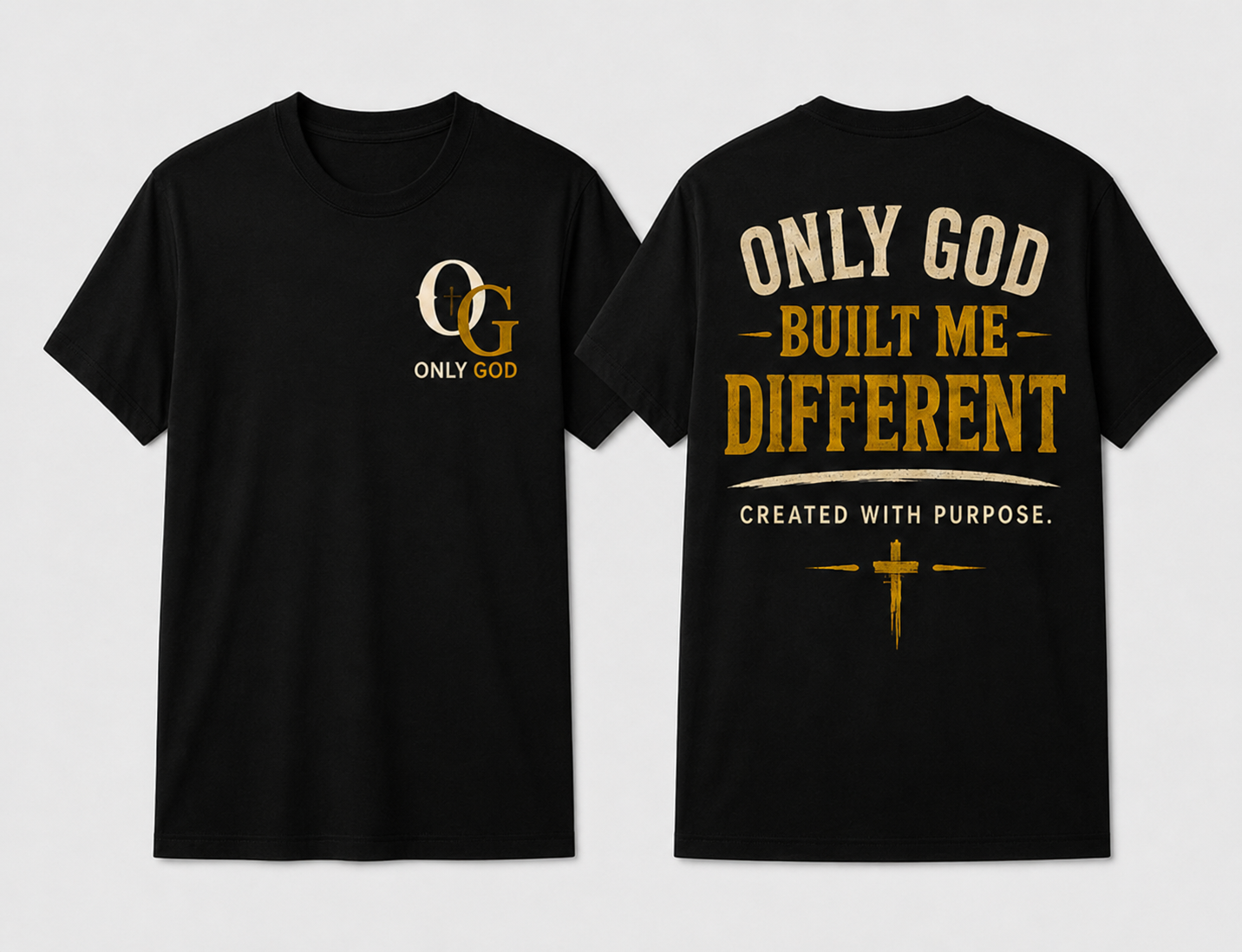 Only God Built Me Different front and back black T-shirts shown in standardized Large fit