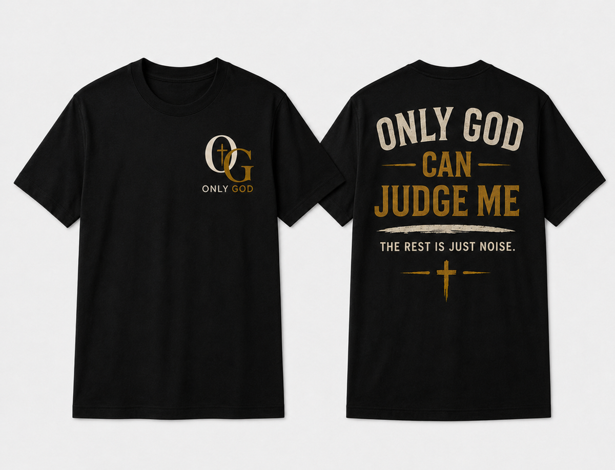 Only God Can Judge Me front and back black T-shirts shown in standardized Large fit