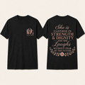 She Is Clothed in Strength and Dignity front and back black T-shirts shown in standardized Large fit