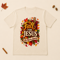 Fall for Jesus He Never Leaves design on a Natural Bella+Canvas 3001 unisex T-shirt