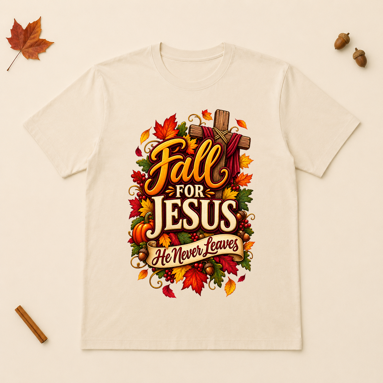 Fall for Jesus He Never Leaves design on a Natural Bella+Canvas 3001 unisex T-shirt