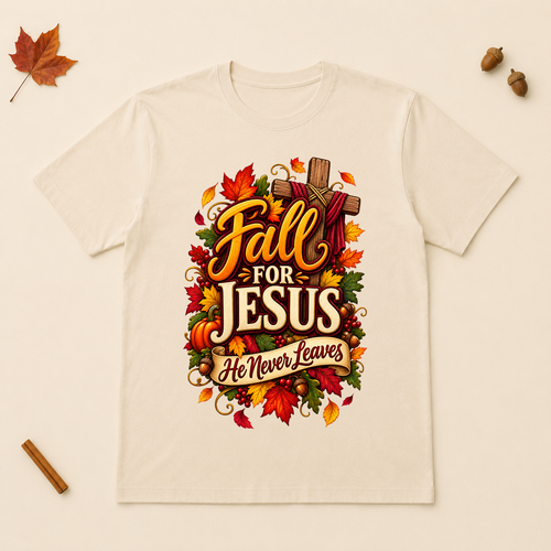 Fall for Jesus He Never Leaves design on a Natural Bella+Canvas 3001 unisex T-shirt