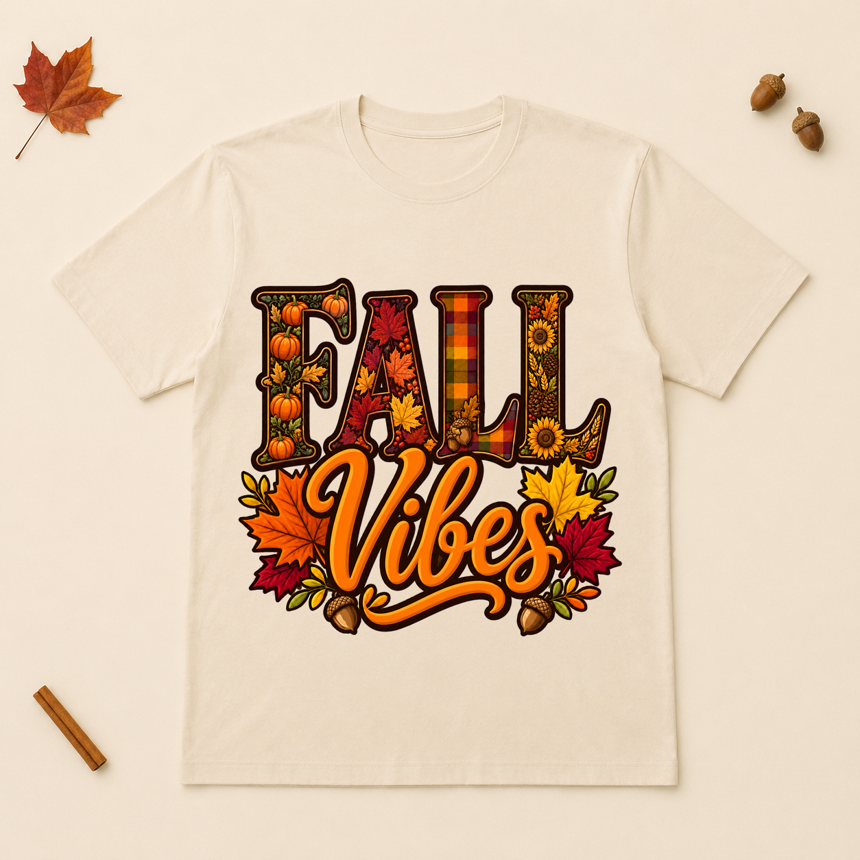 Fall Vibes design on a Natural Bella+Canvas 3001 unisex T-shirt
