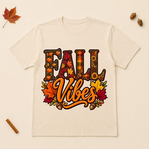 Fall Vibes design on a Natural Bella+Canvas 3001 unisex T-shirt