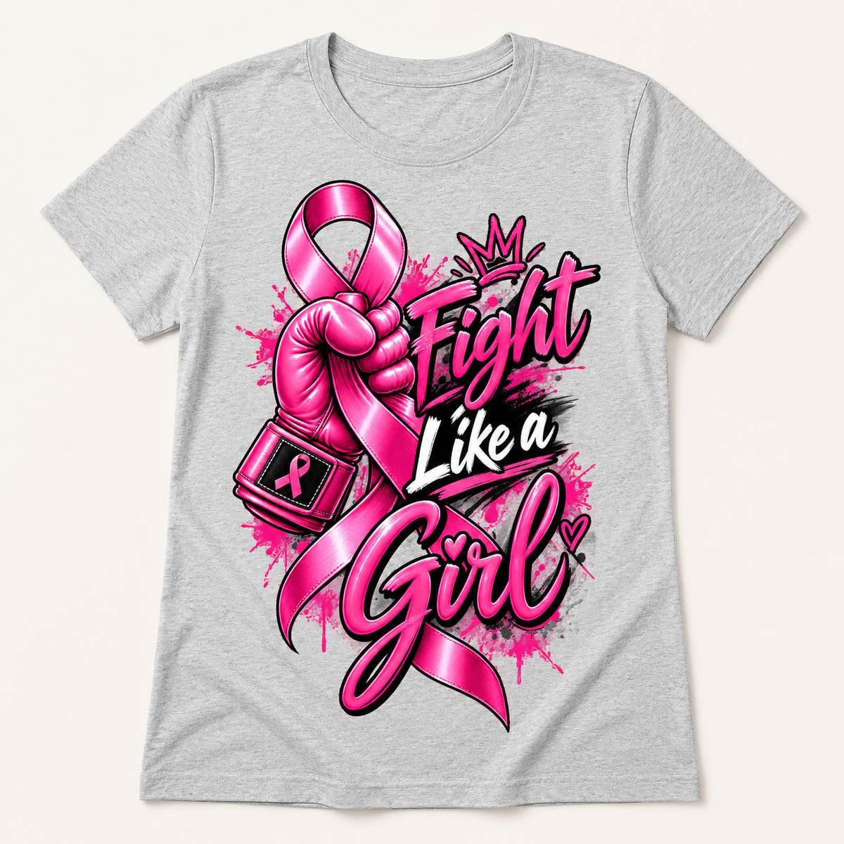 Fight Like a Girl breast cancer awareness design on heather gray T-shirt