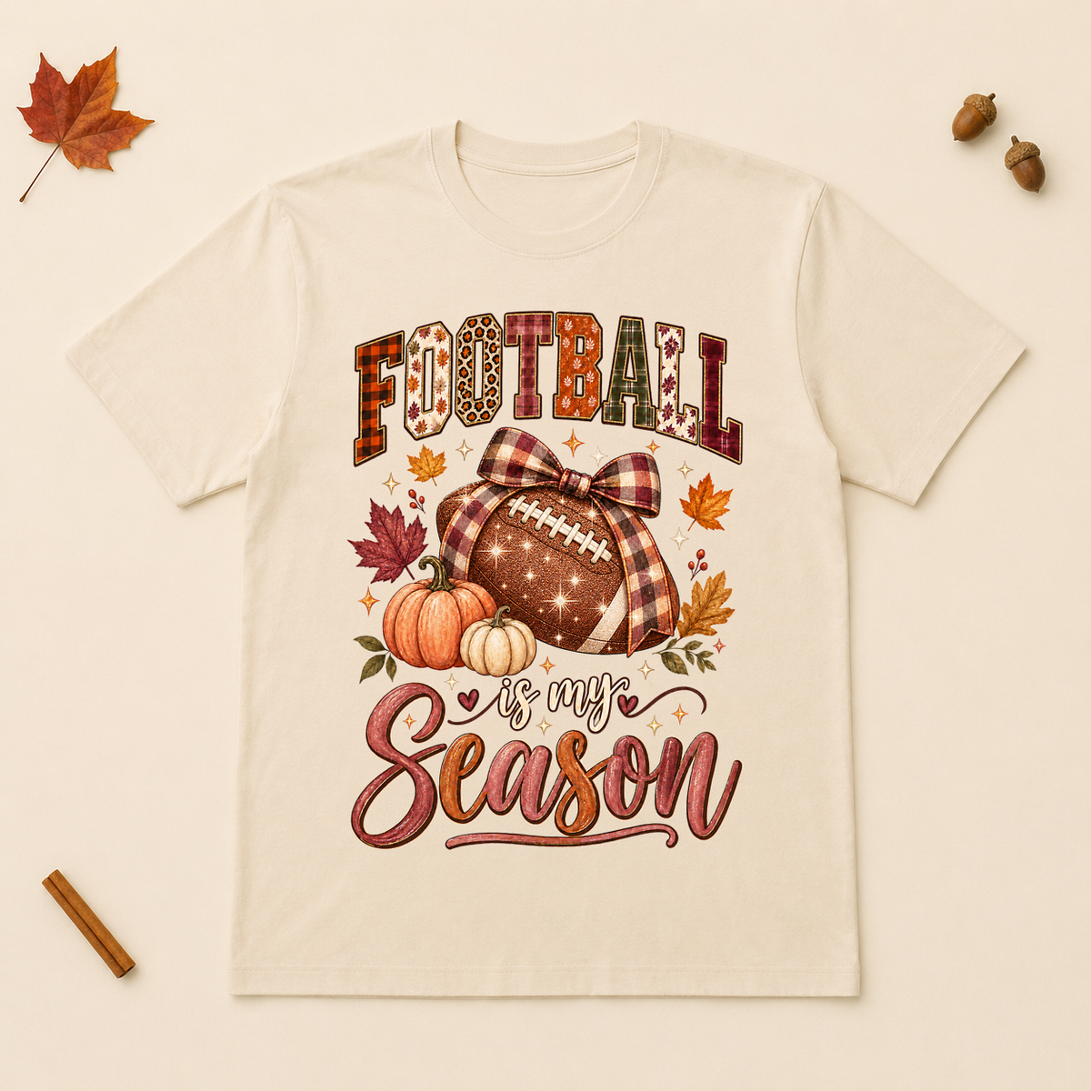 Football Is My Season design on a Natural Bella+Canvas 3001 unisex T-shirt