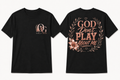God Don’t Play About Me front and back black T-shirts shown in standardized Large fit
