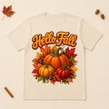 Hello Fall pumpkin harvest design on a Natural Bella+Canvas 3001 unisex T-shirt
