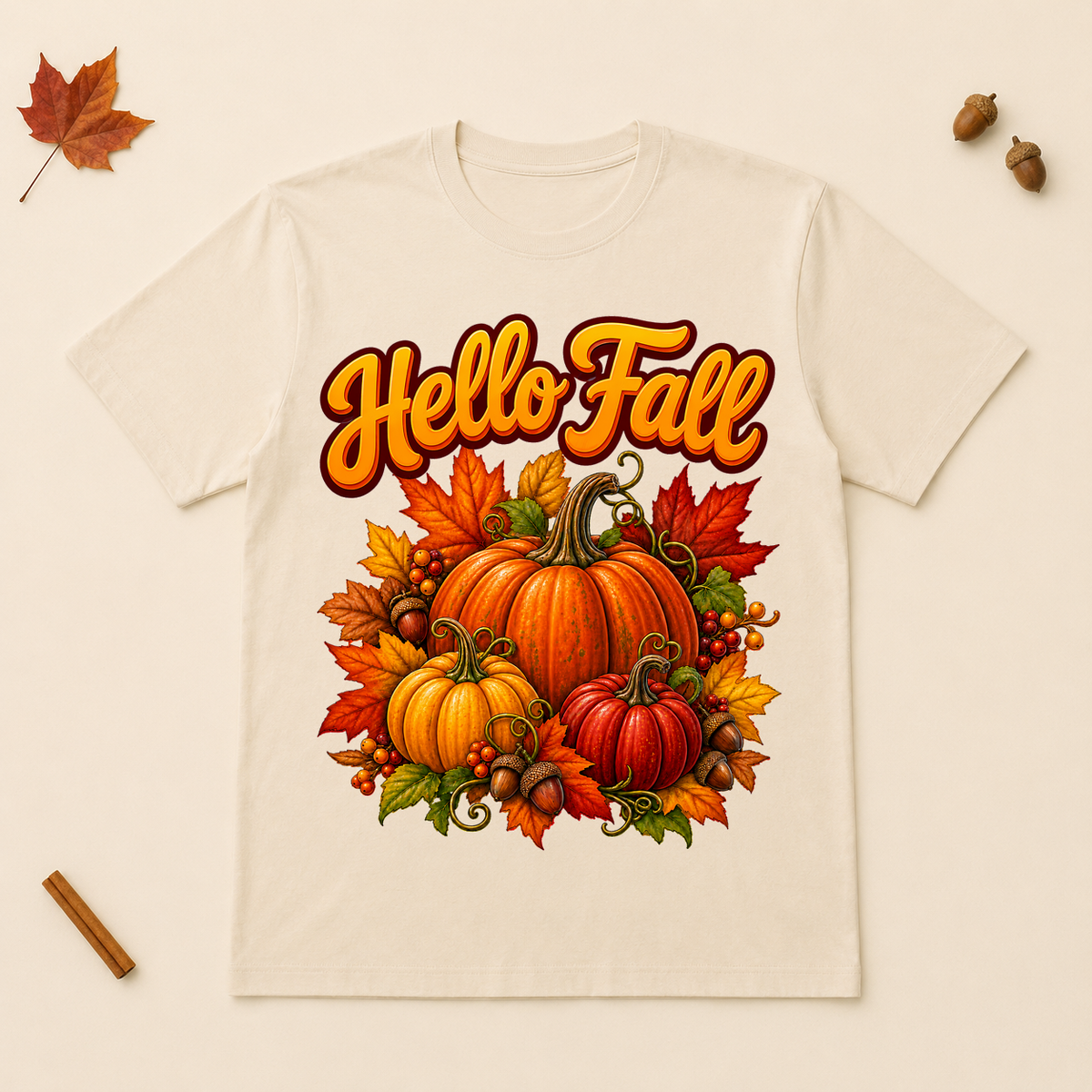 Hello Fall pumpkin harvest design on a Natural Bella+Canvas 3001 unisex T-shirt