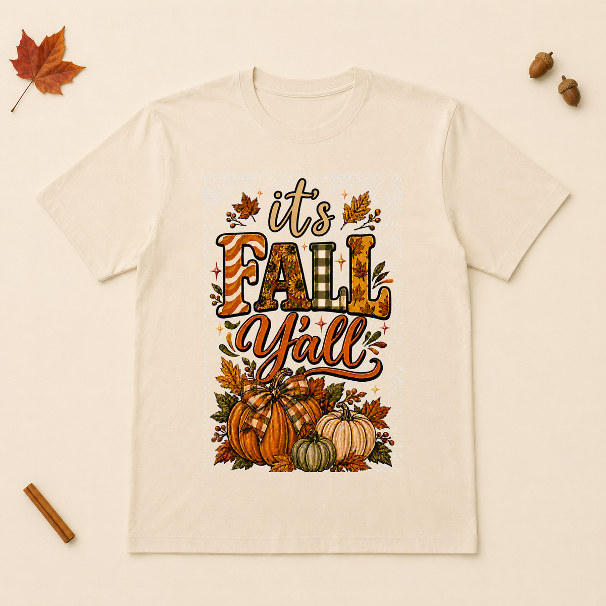 It's Fall Y'all pumpkin design on a Natural Bella+Canvas 3001 unisex T-shirt