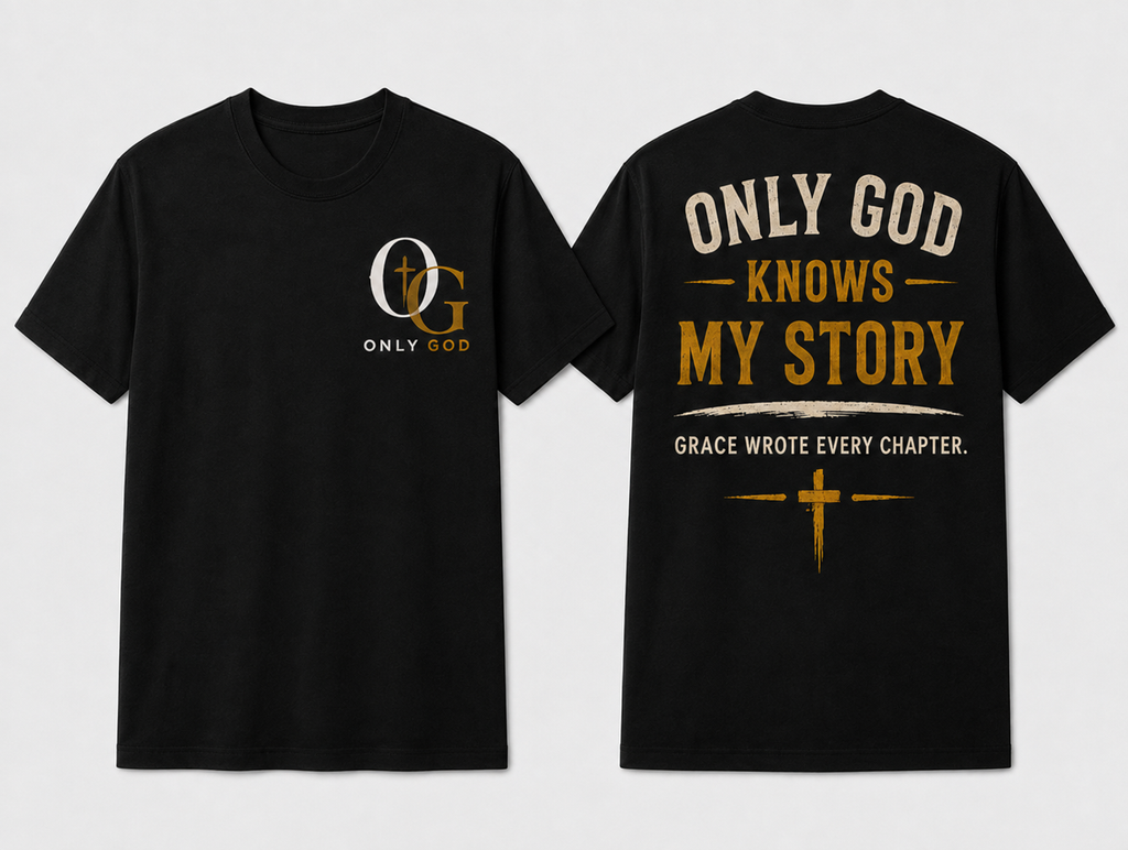 Only God Knows My Story front and back black T-shirts shown in standardized Large fit