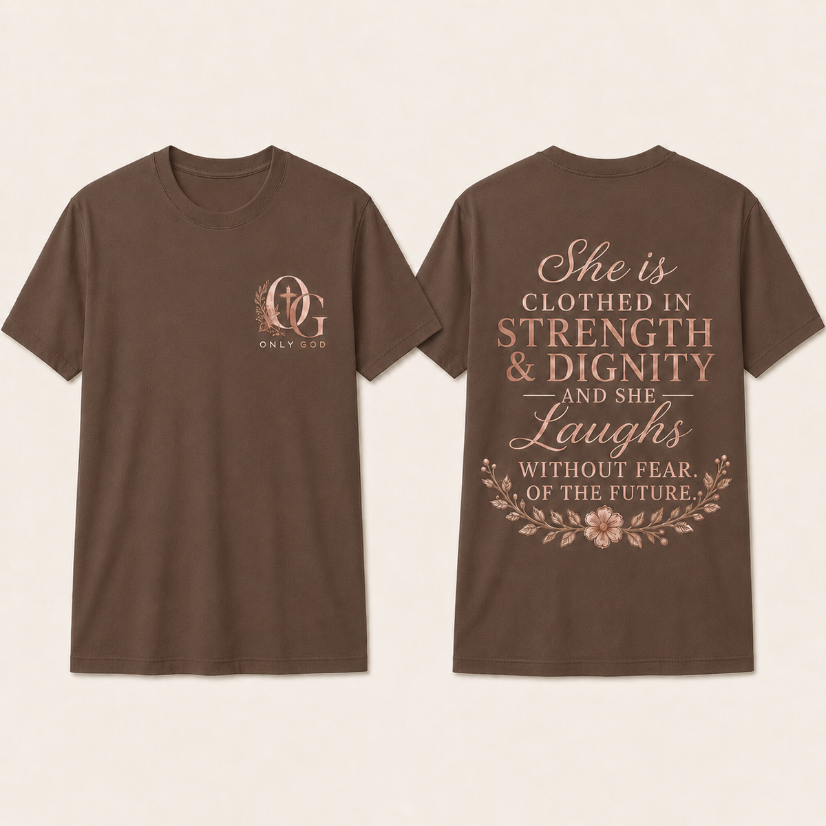 OG Women's clothed strength front and back shirt mockup in cocoa