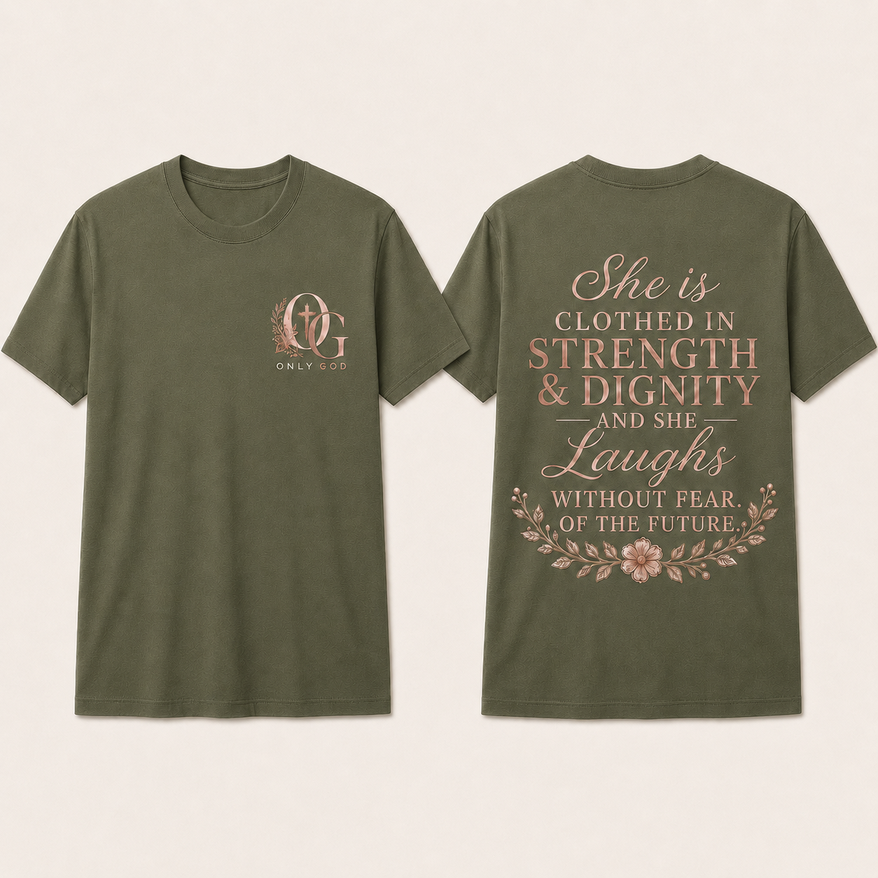 OG Women's clothed strength front and back shirt mockup in olive