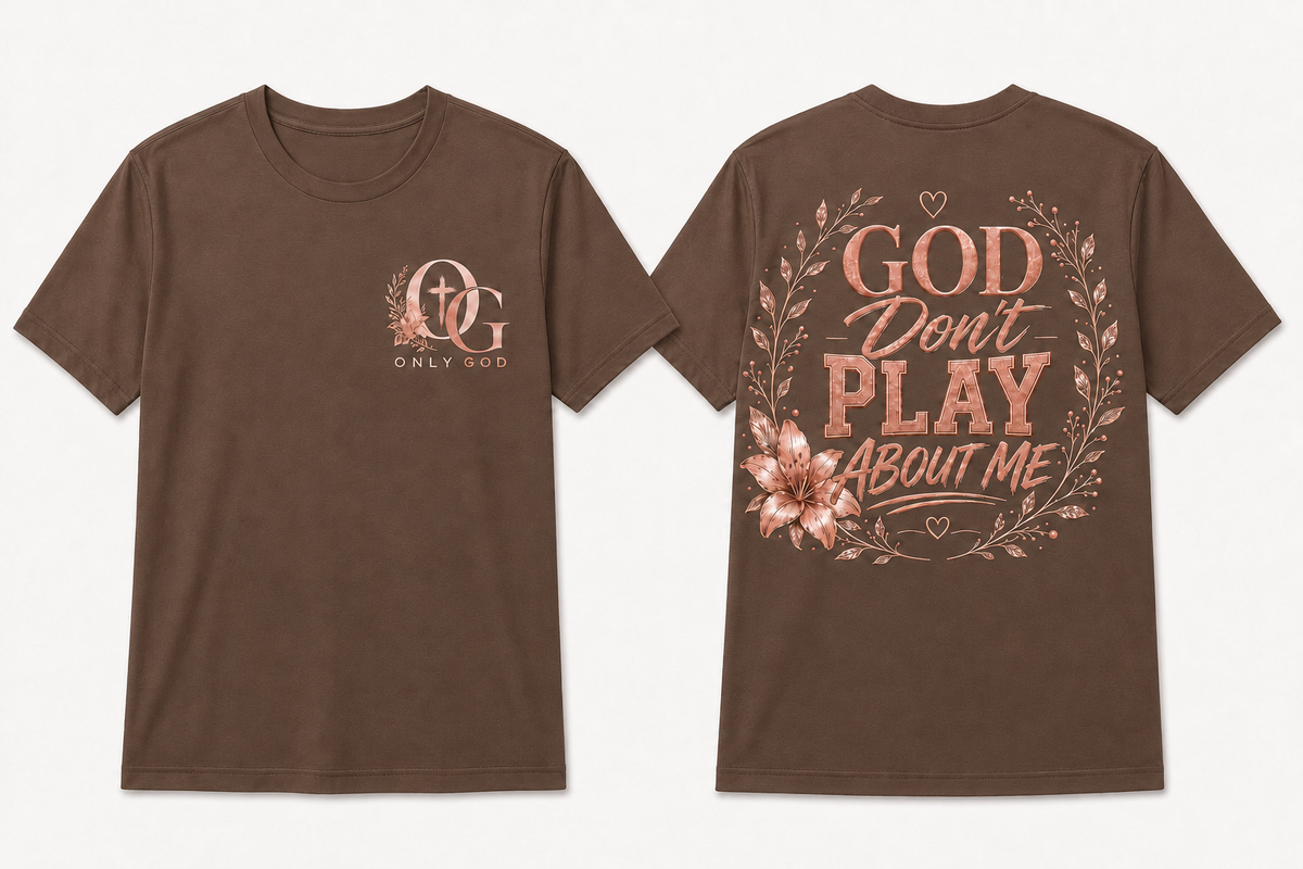 OG Women's god dont play front and back shirt mockup in cocoa