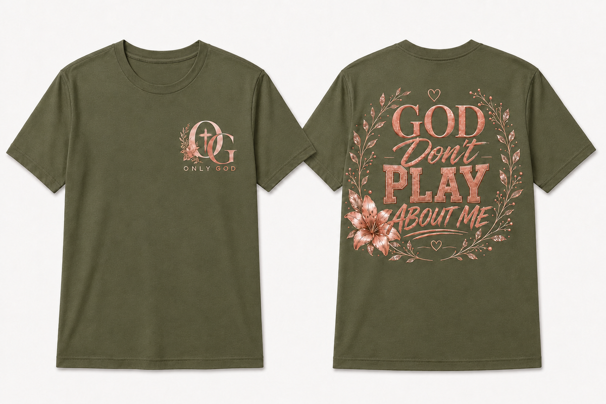 OG Women's god dont play front and back shirt mockup in olive