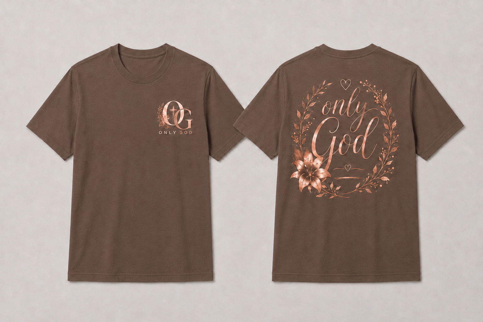 OG Women's only god front and back shirt mockup in cocoa