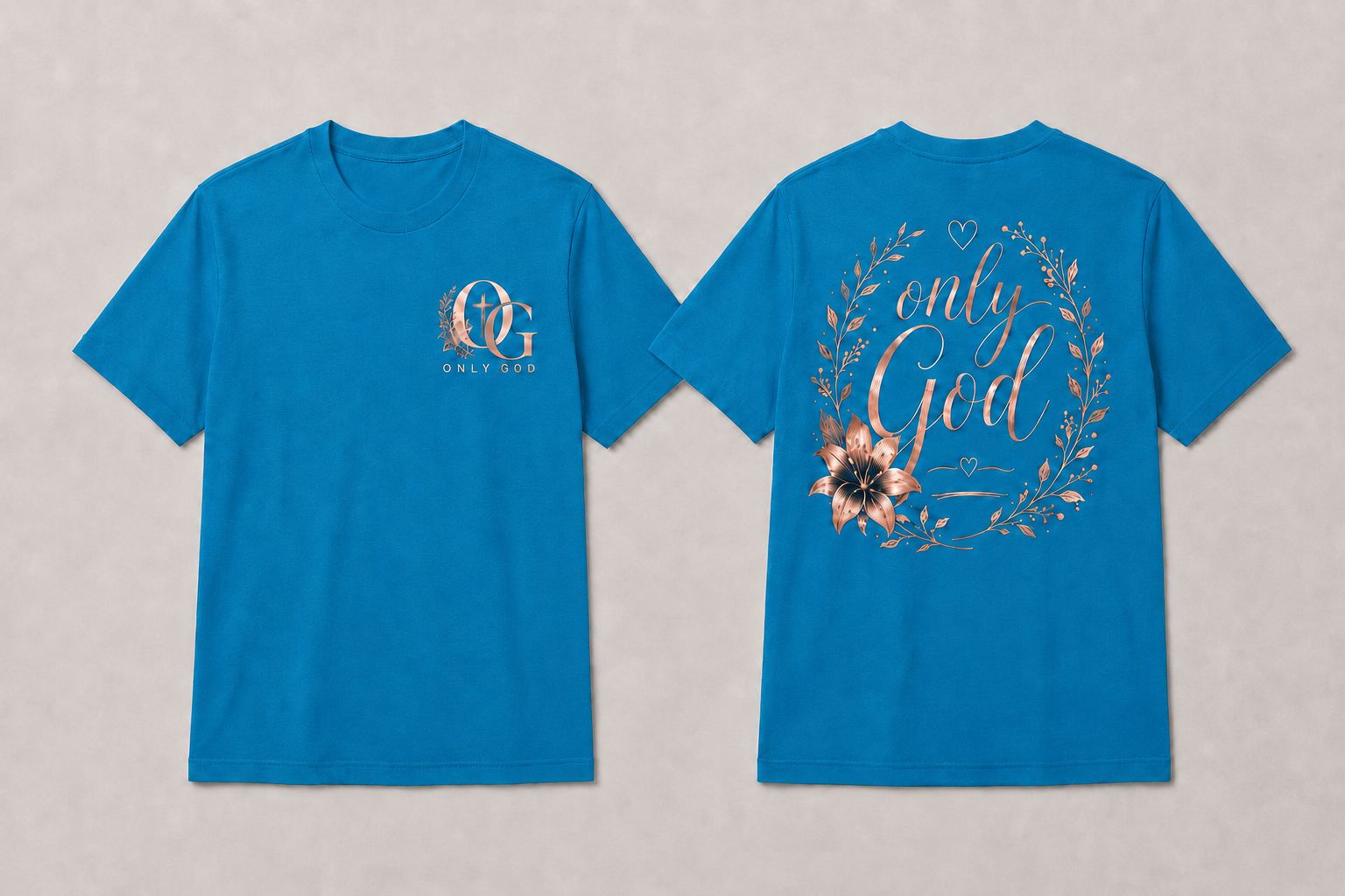 OG Women's Only God front and back shirt mockup in Electric Blue