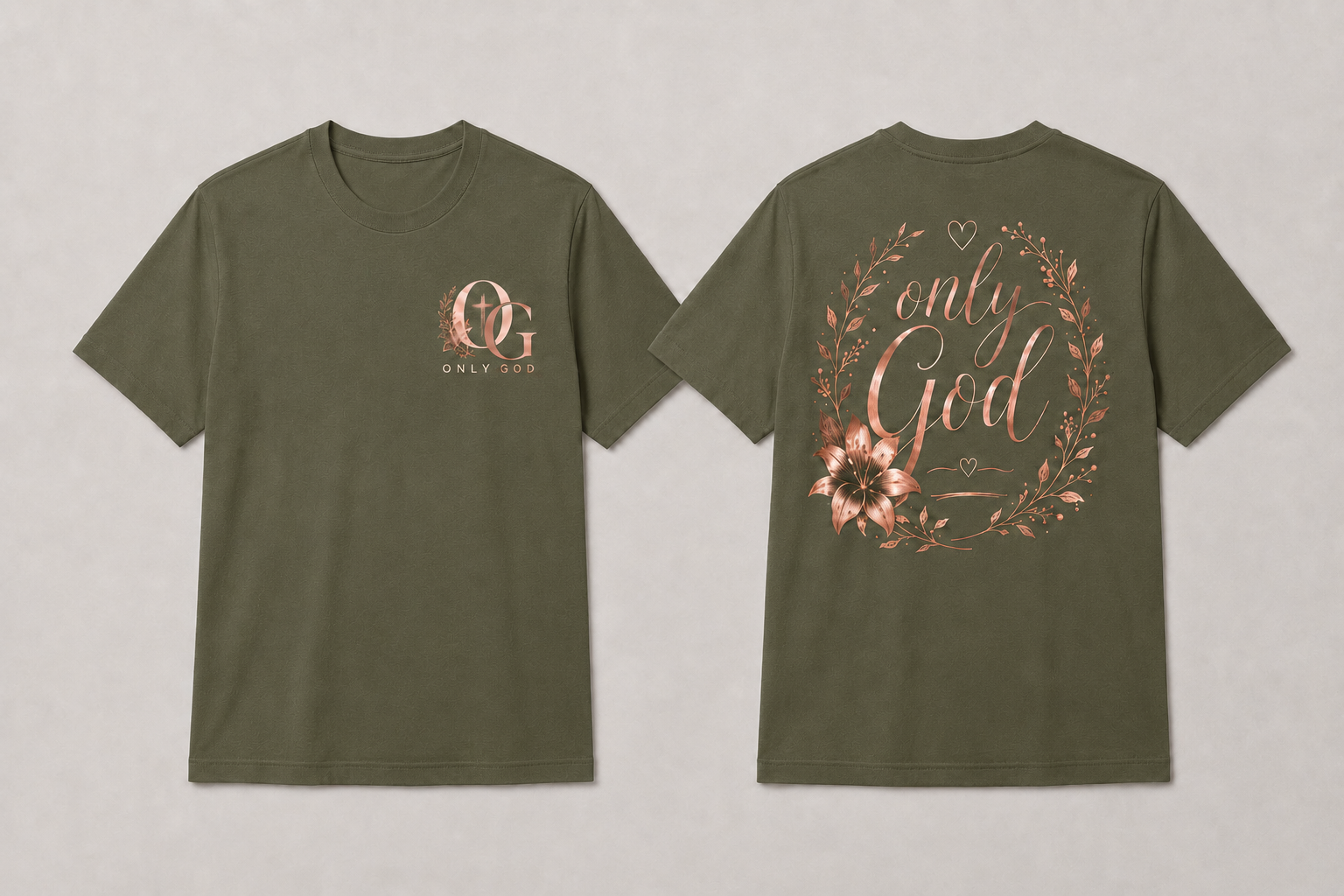 OG Women's only god front and back shirt mockup in olive