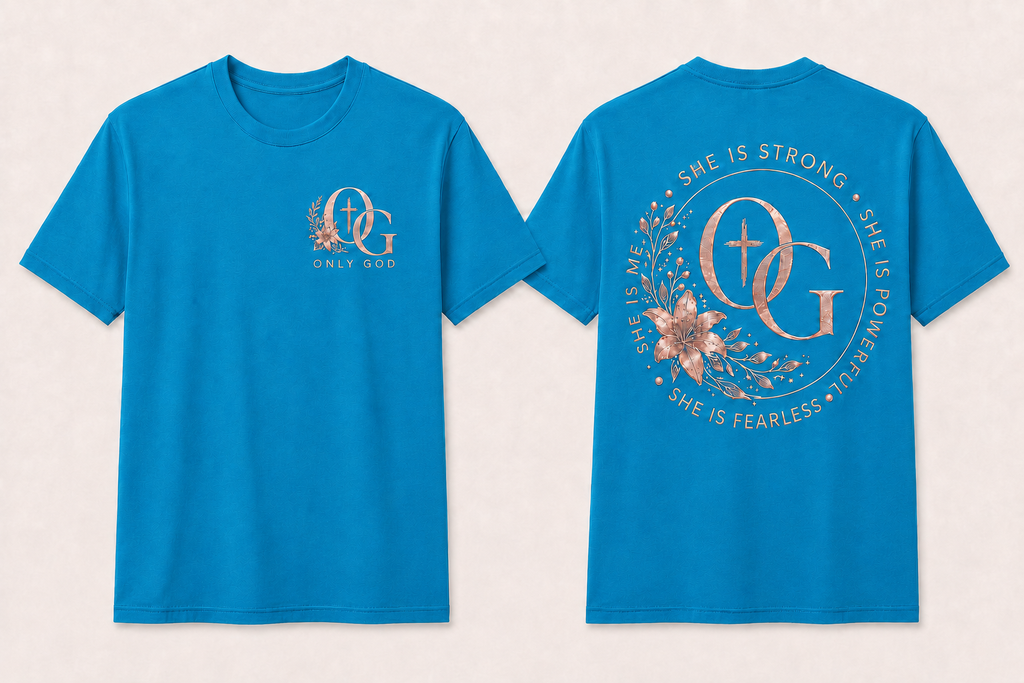 OG Women's She Is Strong front and back shirt mockup in Electric Blue