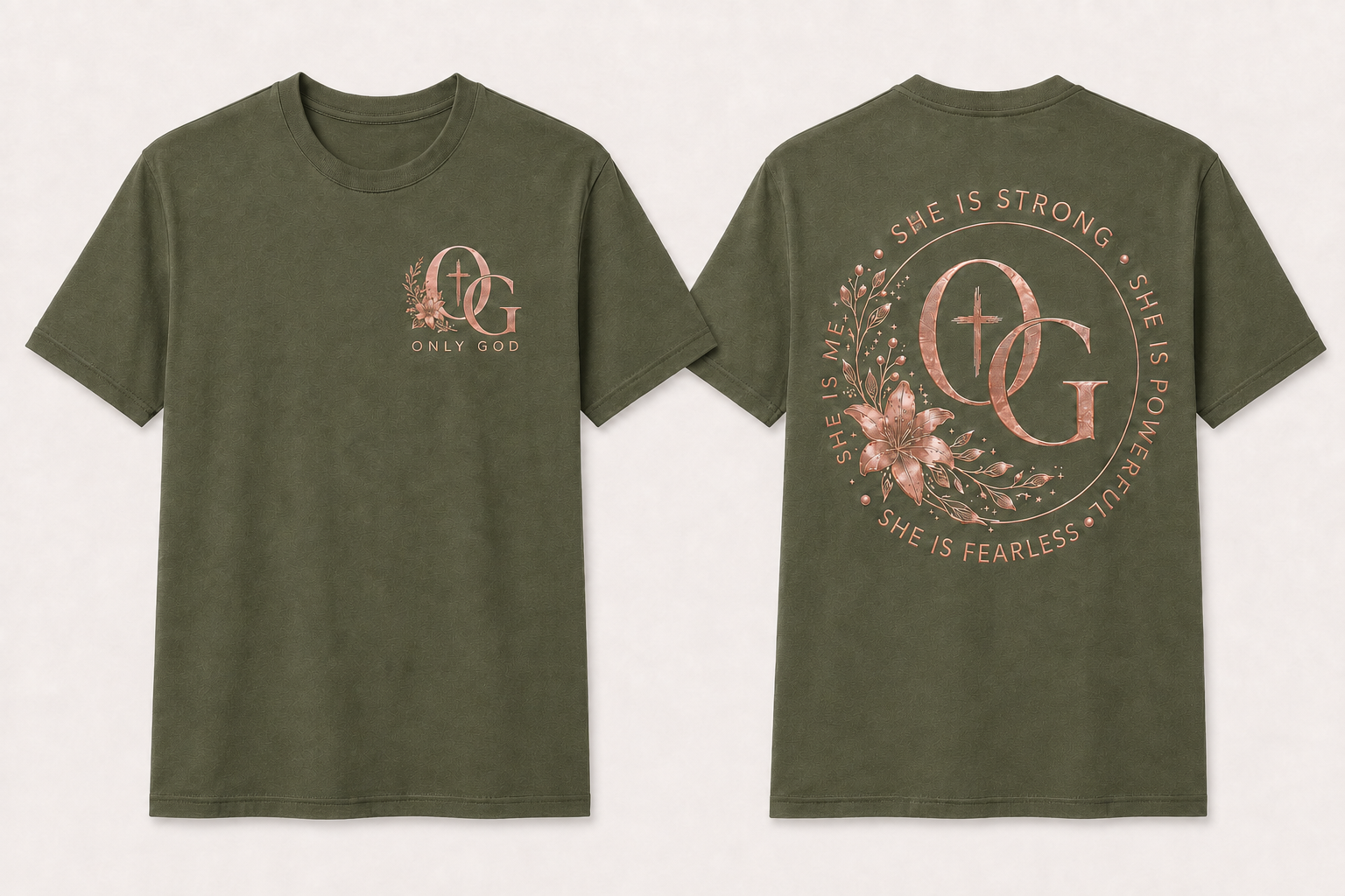 OG Women's she strong front and back shirt mockup in olive