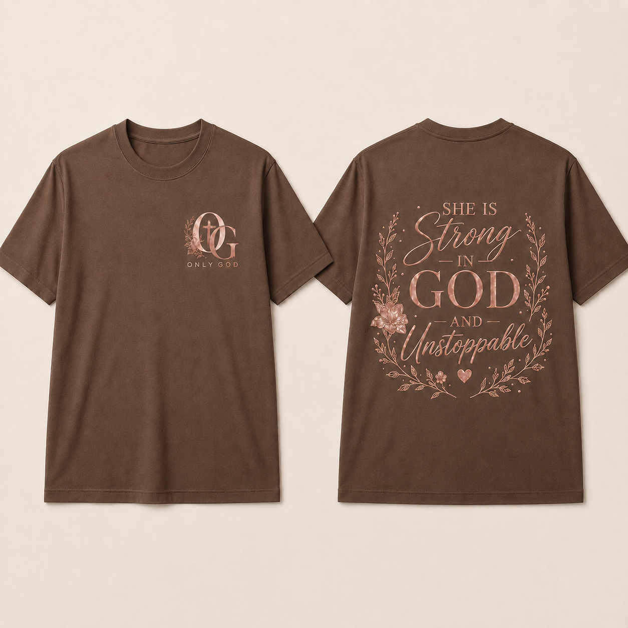 OG Women's strong in god front and back shirt mockup in cocoa