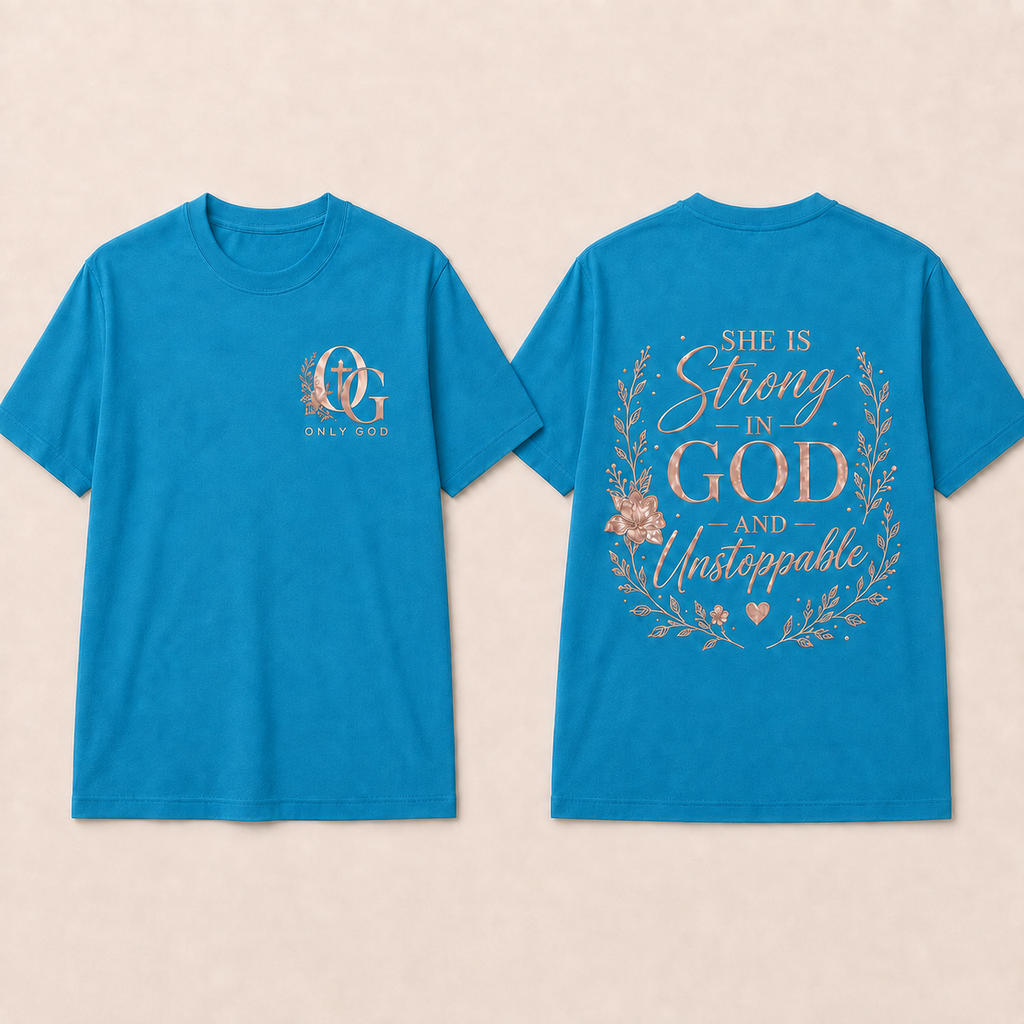 OG Women's Strong in God front and back shirt mockup in Electric Blue