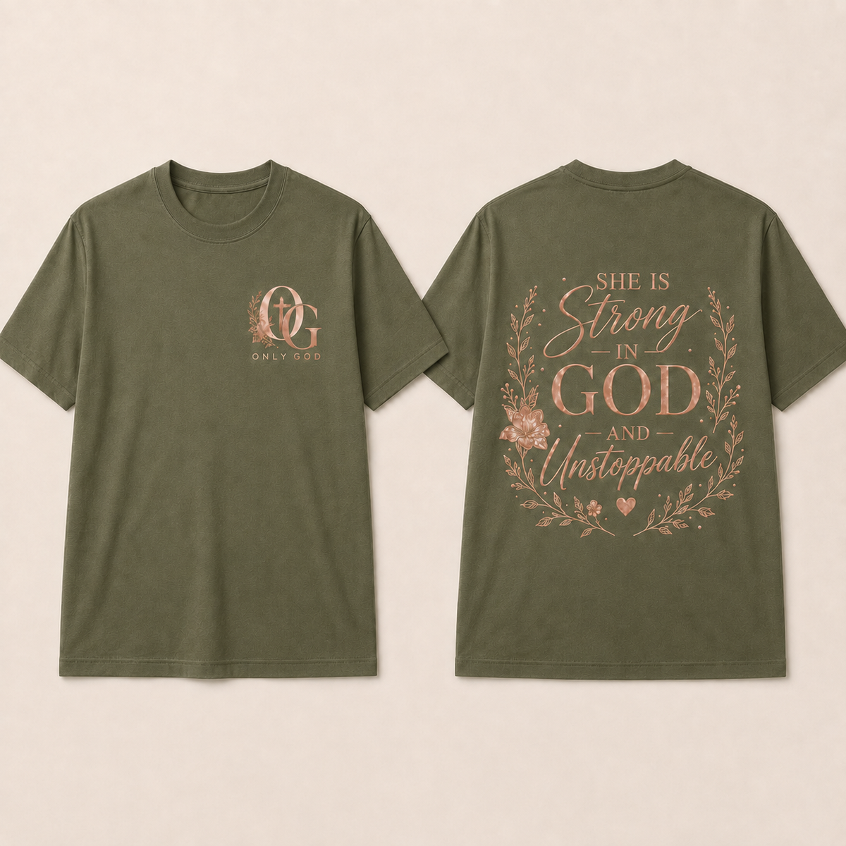 OG Women's strong in god front and back shirt mockup in olive