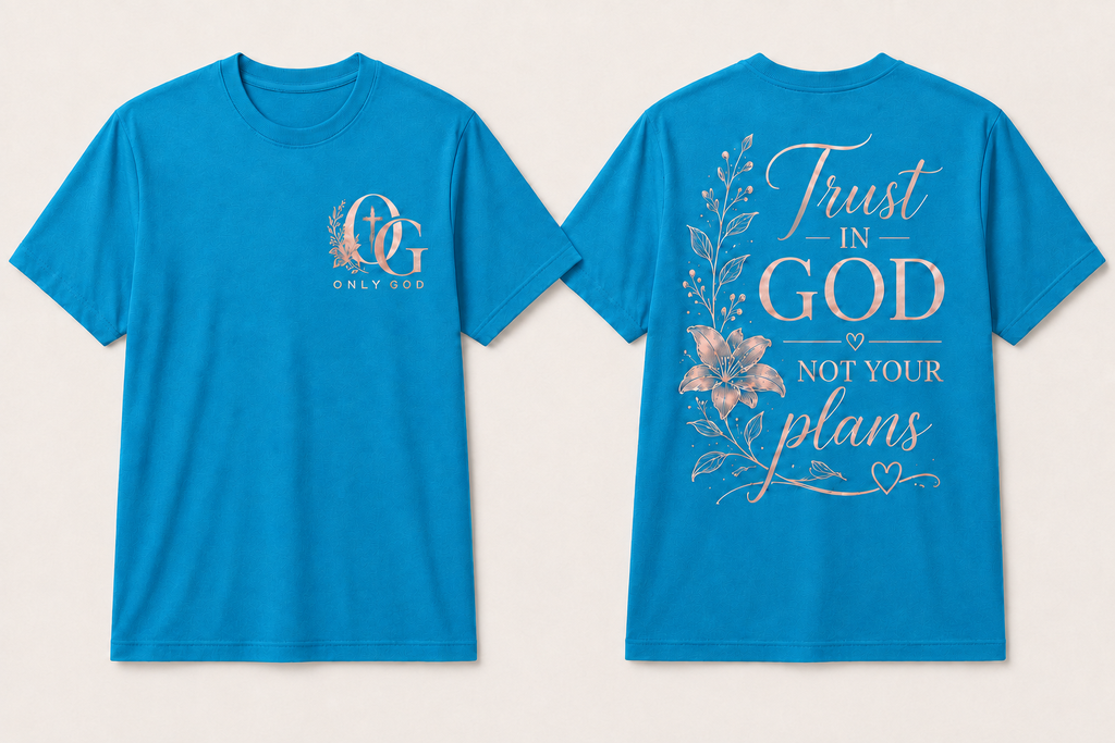 OG Women's Trust in God front and back shirt mockup in Electric Blue