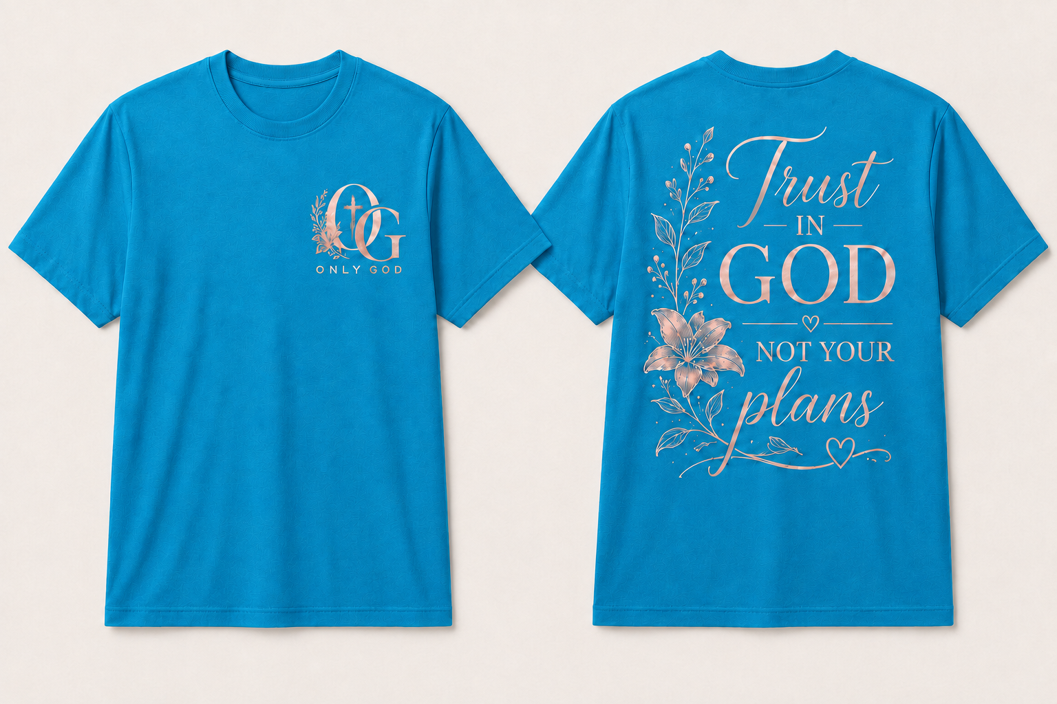 OG Women's Trust in God front and back shirt mockup in Electric Blue