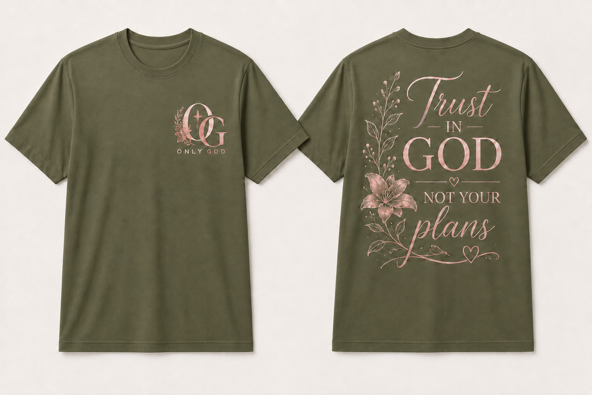OG Women's trust in god front and back shirt mockup in olive