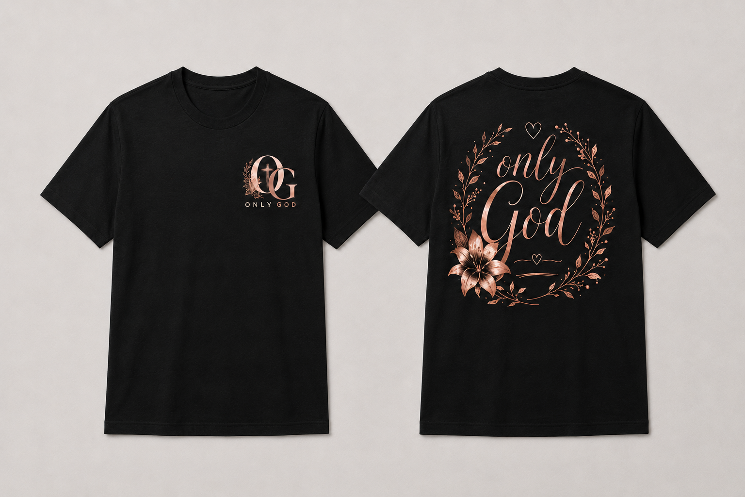 Only God women’s front and back black T-shirts shown in standardized Large fit