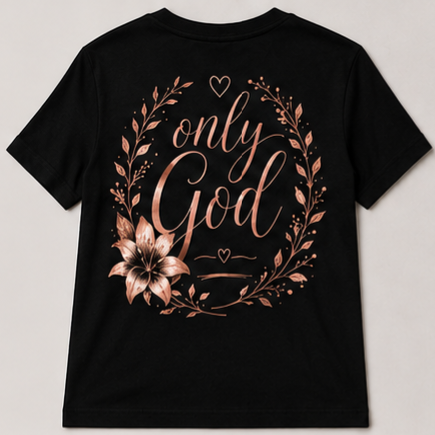 Back of Only God black shirt with rose gold floral design