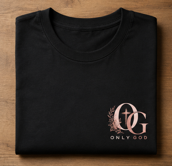 Folded Only God black shirt with rose gold chest logo