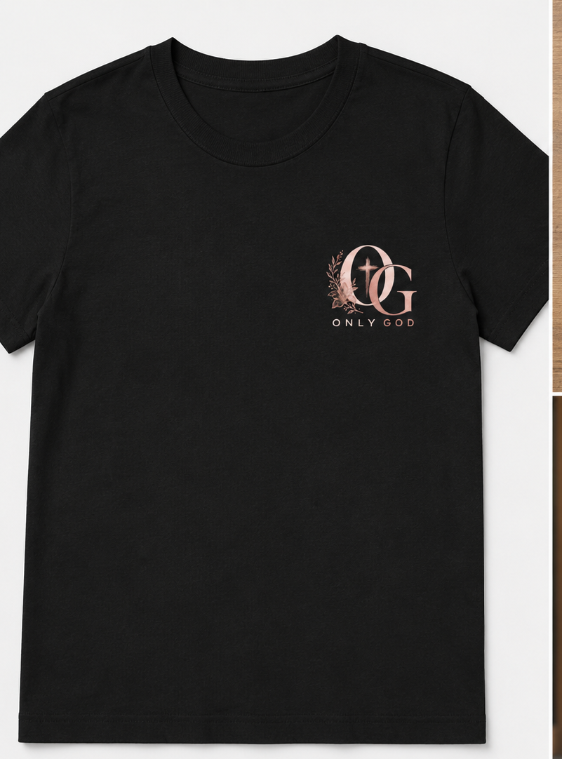 Front of Only God black shirt with rose gold OG chest logo