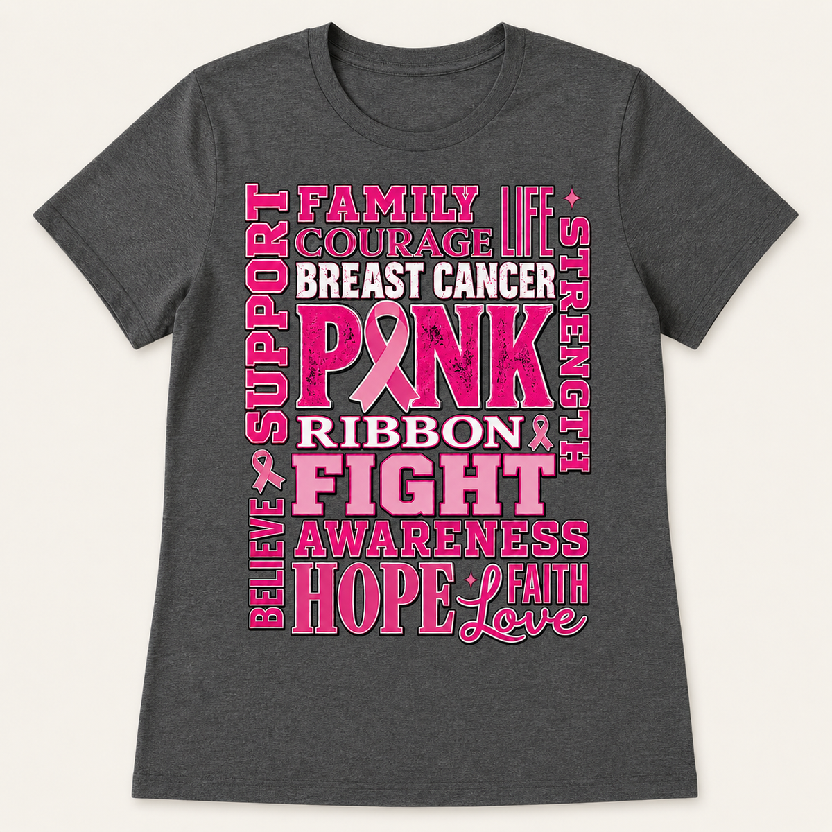 Pink Ribbon Fight breast cancer awareness word collage on dark heather gray T-shirt