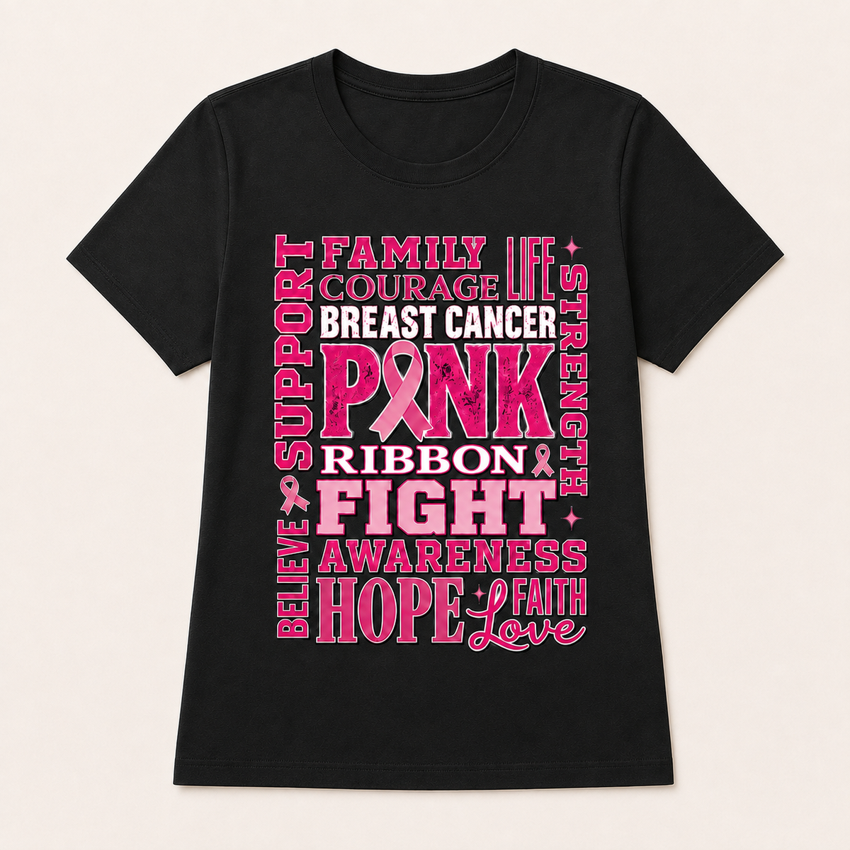 Pink Ribbon Fight black T-shirt shown in women’s Large fit