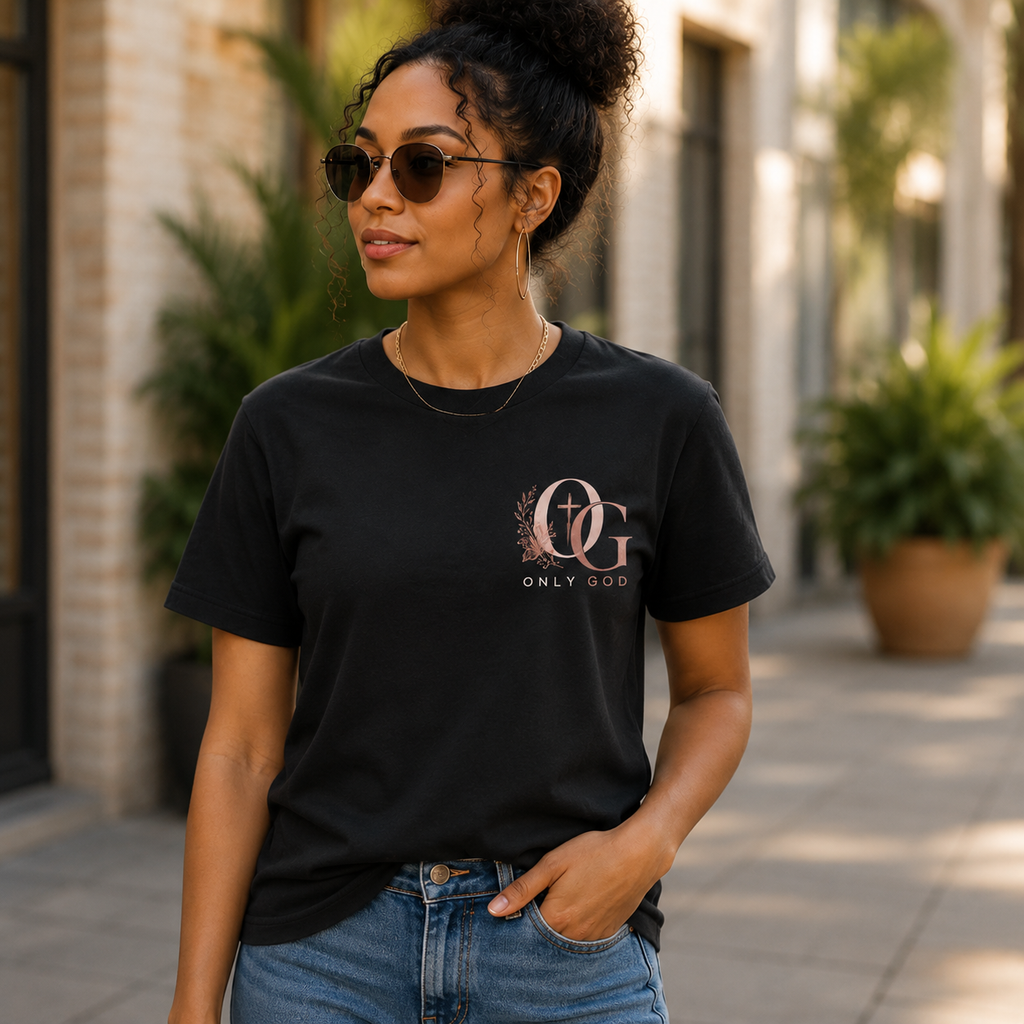 Woman wearing black OG Only God Christian T-shirt