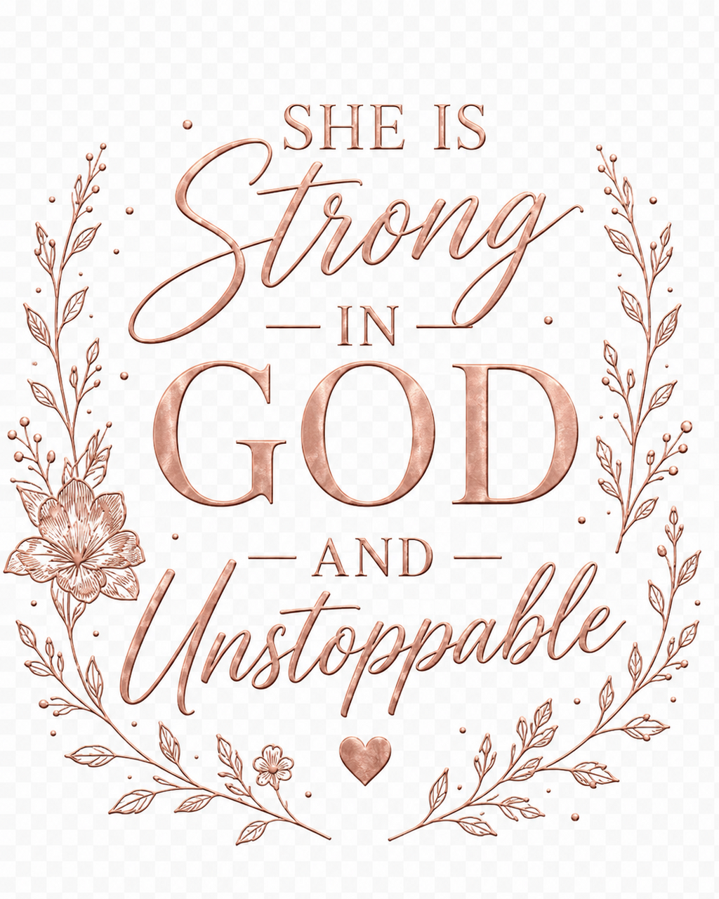 She Is Strong in God and Unstoppable rose gold floral artwork detail