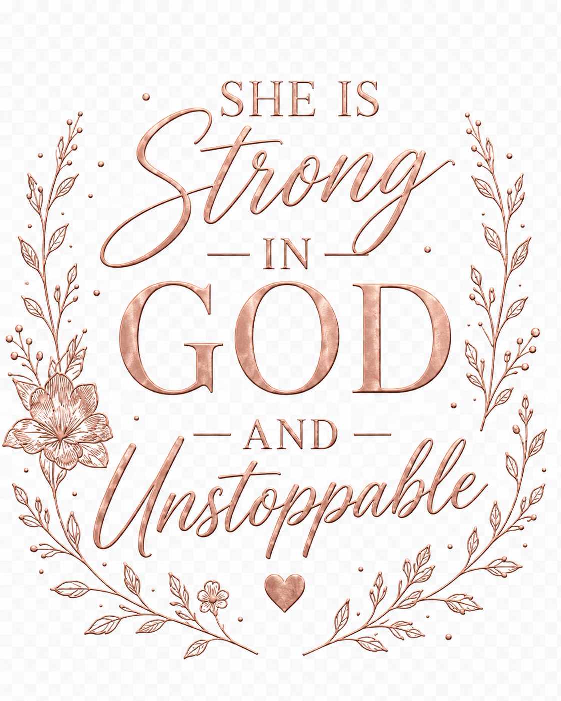 She Is Strong in God and Unstoppable rose gold floral artwork detail