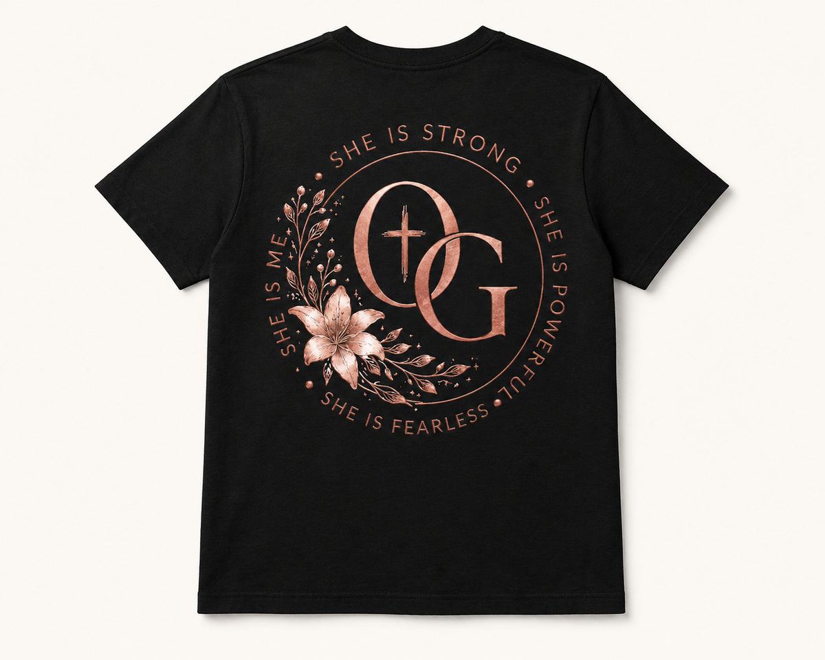 Back She Is Strong rose-gold floral OG shirt design
