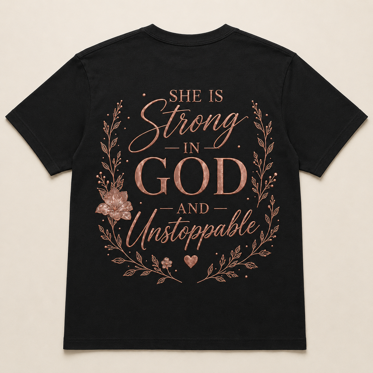 Back view of She Is Strong in God and Unstoppable black T-shirt