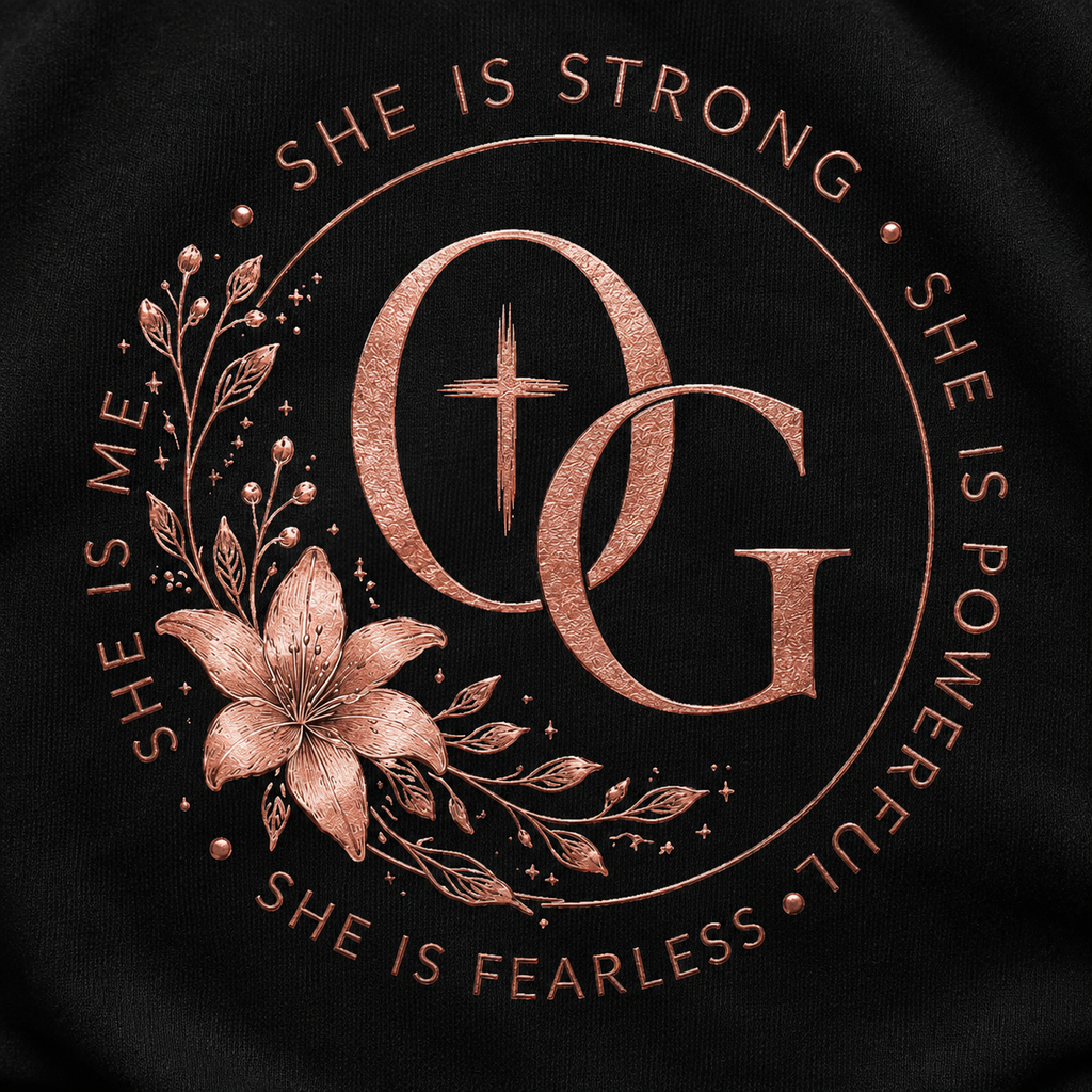 Close-up of rose-gold She Is Strong back print
